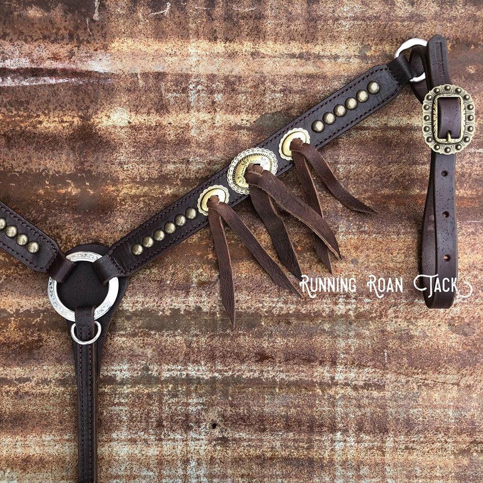 1 Marron Étroit Cuir Tete, Western Chapeau Bande Avec Conchos + Rivets 1 Marron Étroit Cuir Tete, Western Chapeau Bande Avec Conchos + Rivets