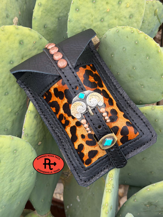 Black Leather Mini Saddle Bag with Leopard Inlay and German Silver Buckle for Phone, Keys, Roping Powder, etc Minibag09072026-03