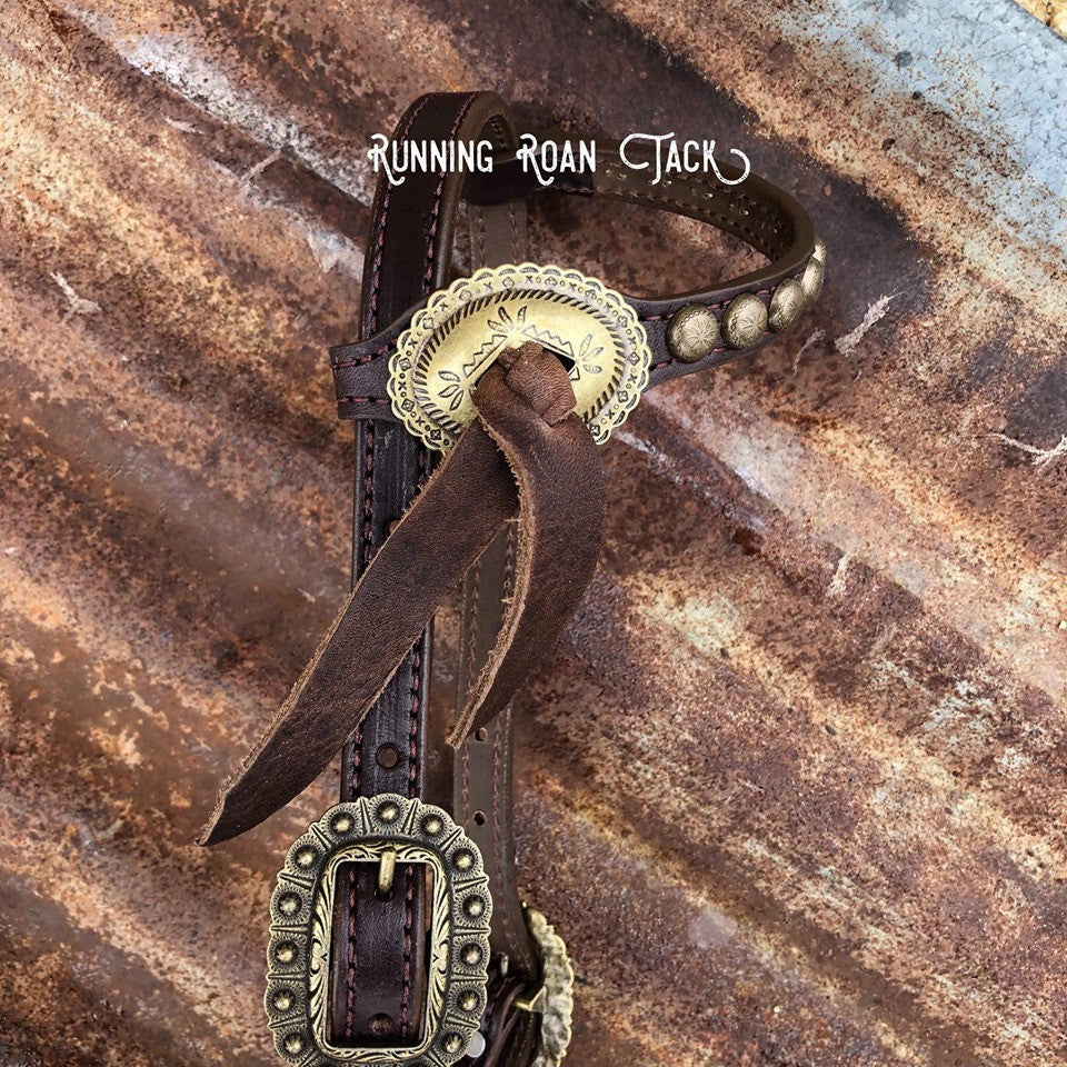 Single Ear Short Cheek Headstall with Punchy Slotted Mesa Conchos in Your Choice of Finish