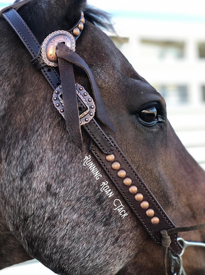 Single Ear Standard Sized Headstall with Punchy Slotted Mesa Conchos in Your Choice of Finishes