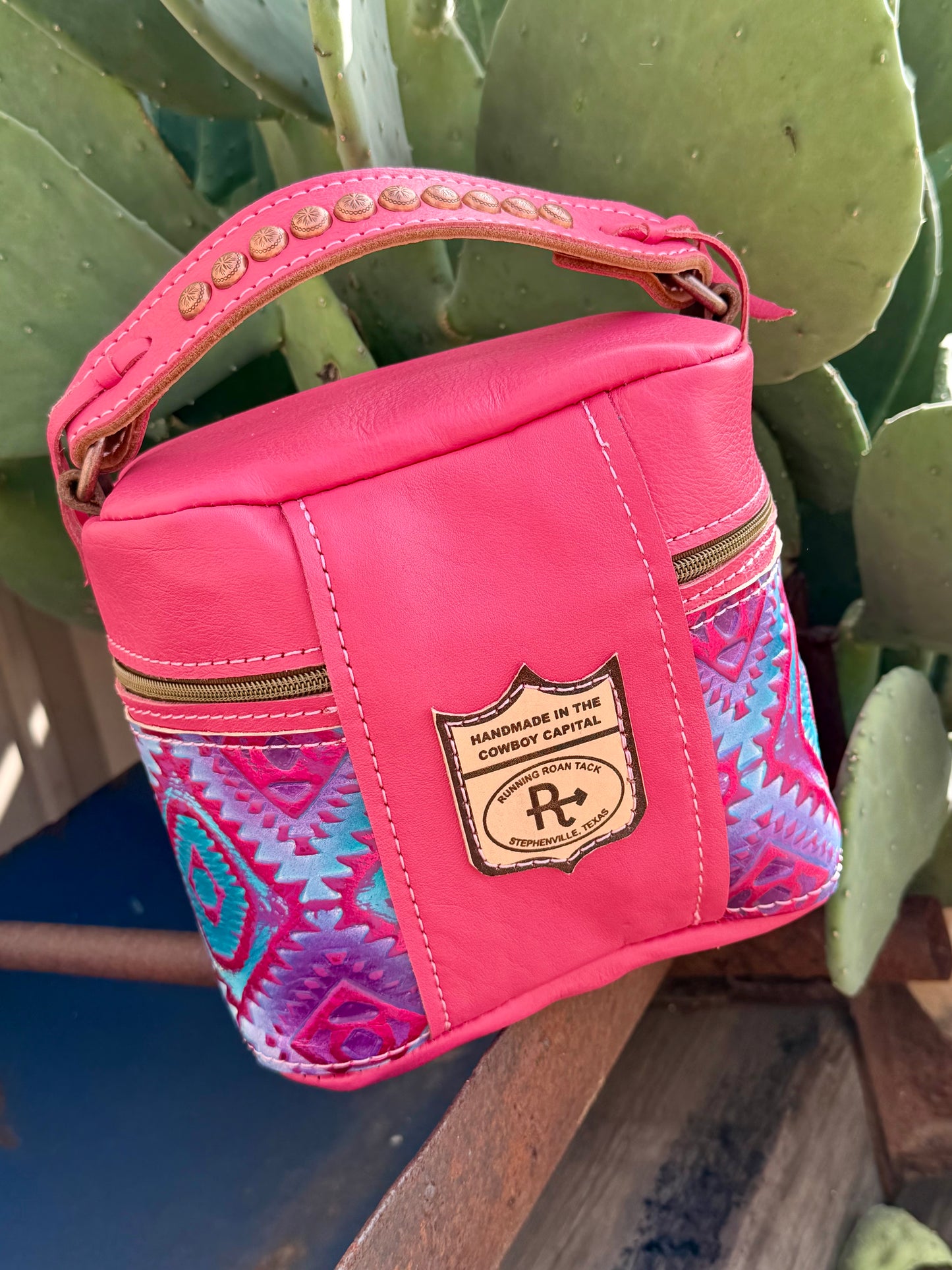 Pink Leather with Southwest Embossed Train Case for Makeup, Toiletries, etc traincase07062026-15