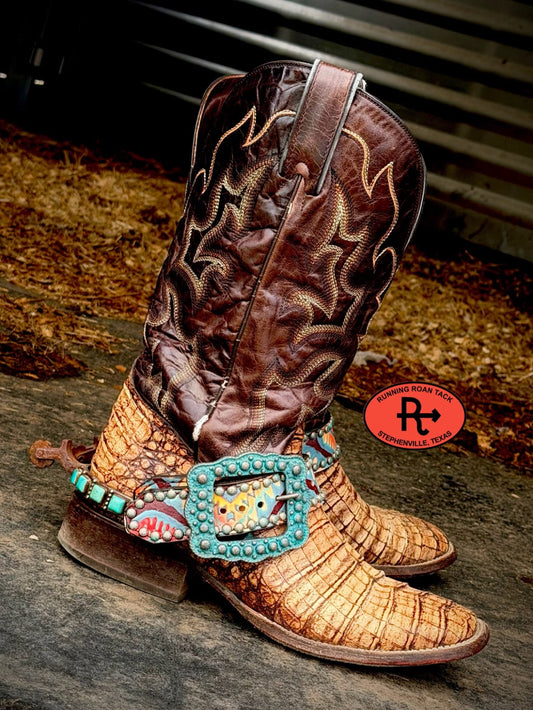 Colorful Aztec Belt Style Spur Straps with Copper Patina Buckles spurstraps08032026-12
