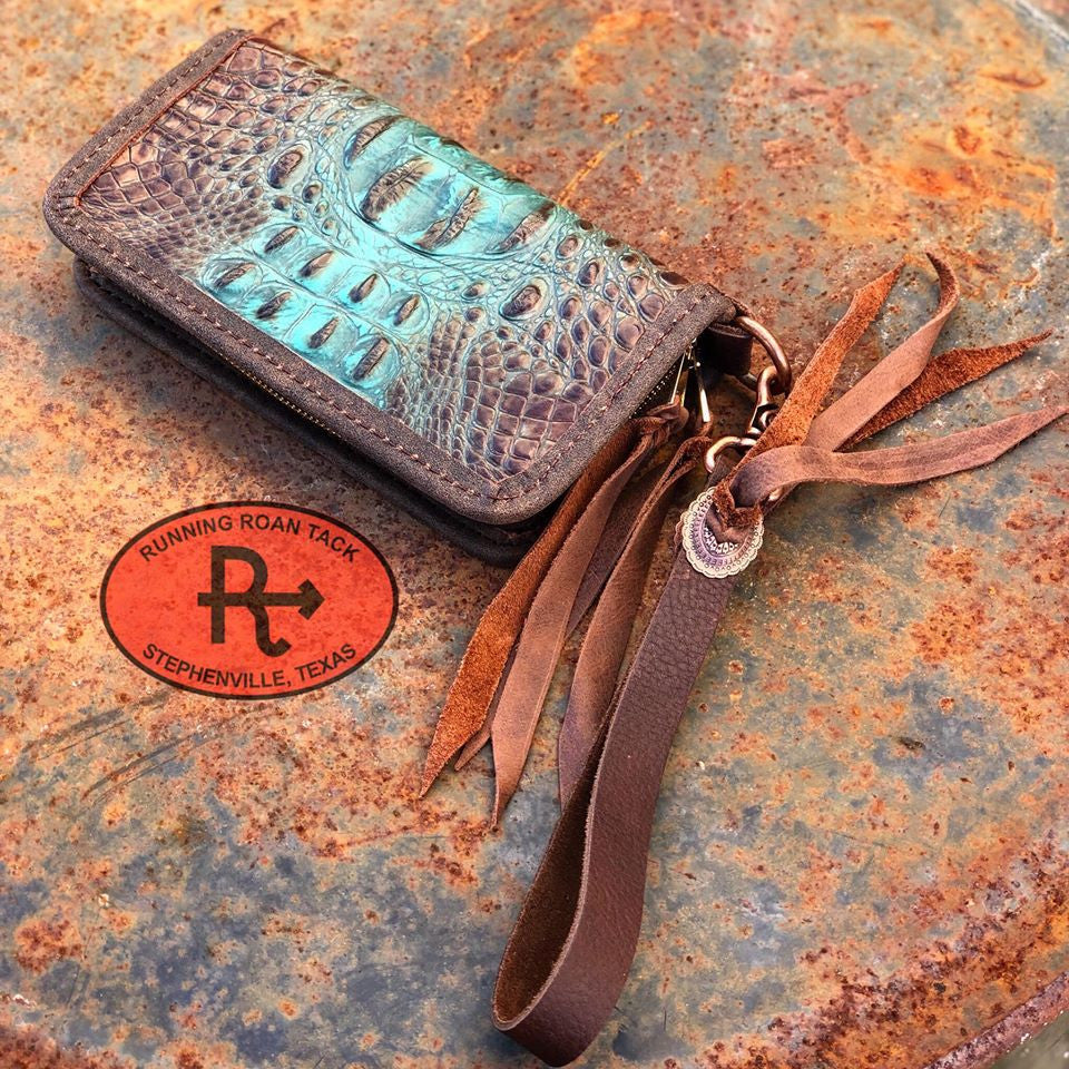 "The Pecos" Double Zip Wallet Wristlet Organizer Clutch in Turquoise and Brown Croc