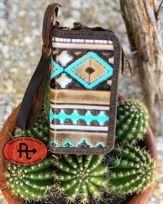 "The Pecos" Double Zip Wallet Wristlet Organizer Clutch in Turquoise and Cocoa Aztec