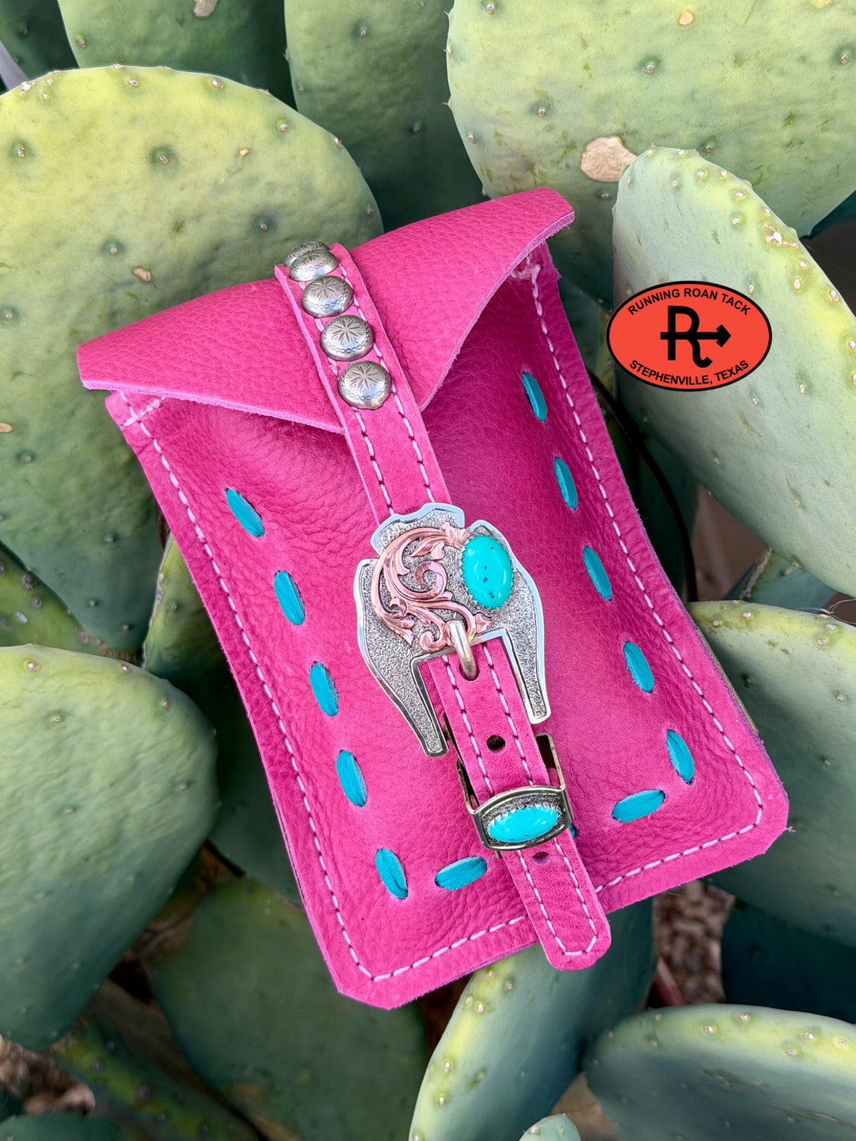 Pink Leather Mini Saddle Bag with Turquoise Pop Stitch and German Silver Buckle for Phone, Keys, Roping Powder, etc Minibag09072026-12