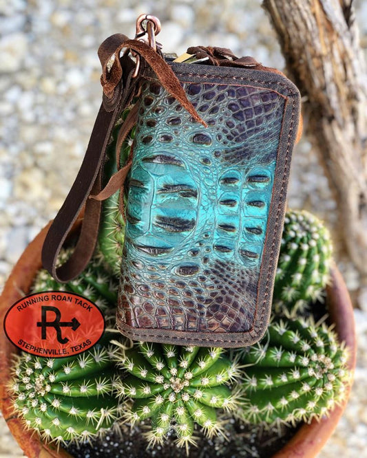 "The Pecos" Double Zip Wallet Wristlet Organizer Clutch in Turquoise and Brown Croc