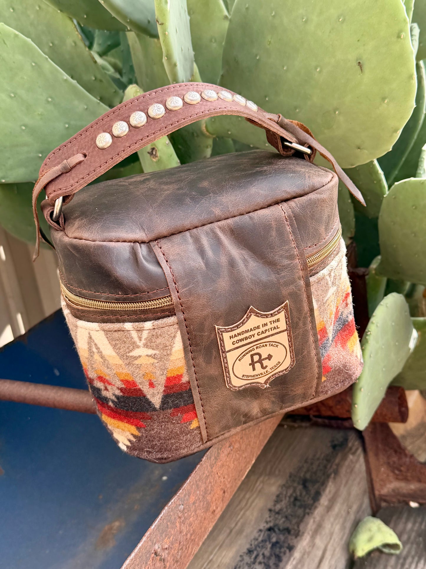 Brown Leather with Pacific Crest Wool Train Case for Makeup, Toiletries, etc traincase07062026-07