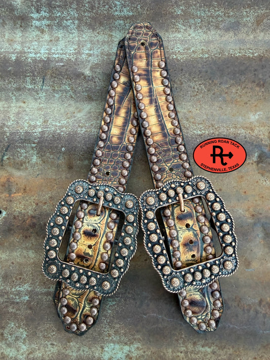 Sepia Croc Belt Style Spur Straps with Copper Buckles spurstraps08032026-10