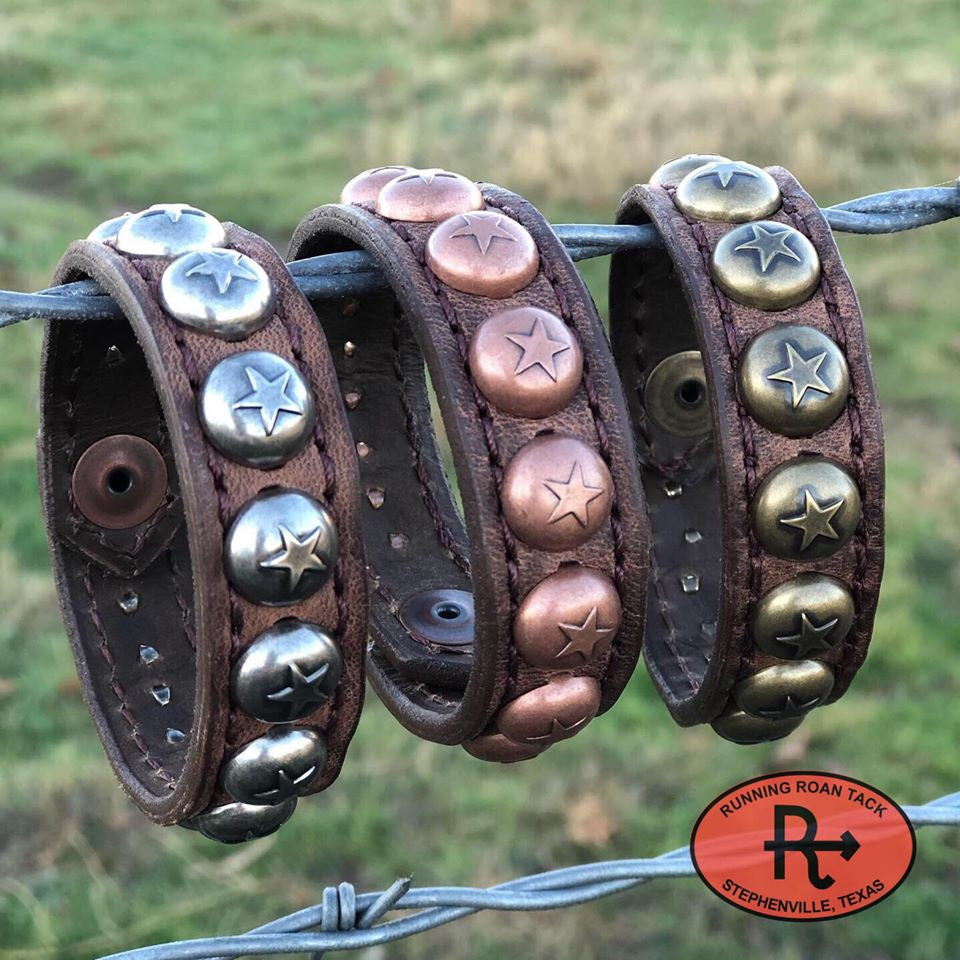 Stackable Set of Brown Bracelets with Star Dots in Copper, Antique Silver and Brass