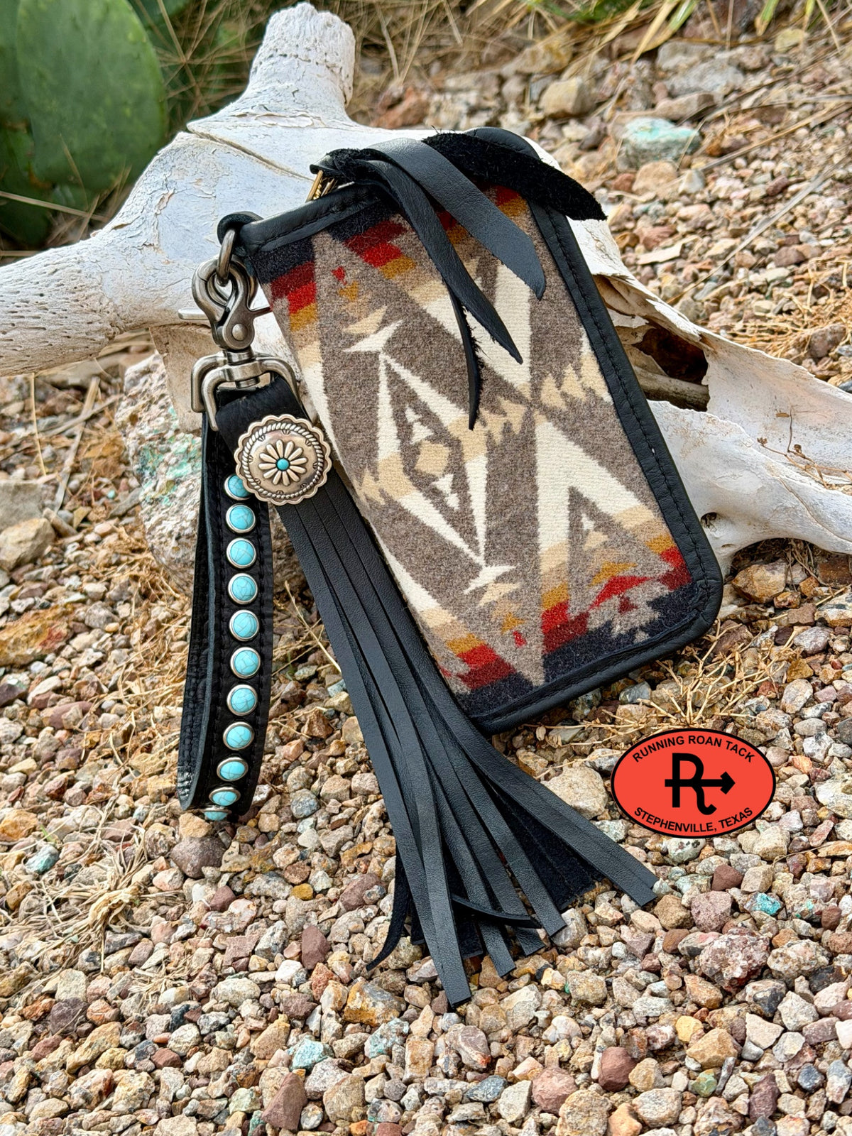 "The Pecos" Black Leather Double Zip Wallet Wristlet Organizer Clutch with Pacific Crest Wool, Wristlet Strap and Tassel Pecos10052026-04