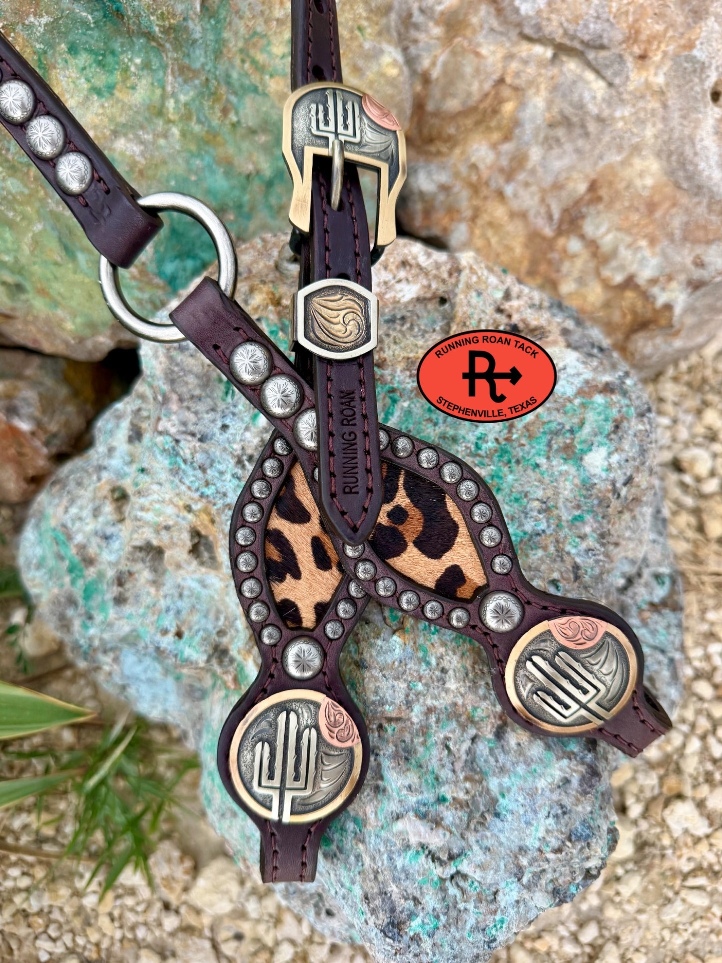 Single Ear Ring Headstall with Leopard Hair On Cowhide Inlay and Cactus Hardware 35"-39" Headstall07062026-08