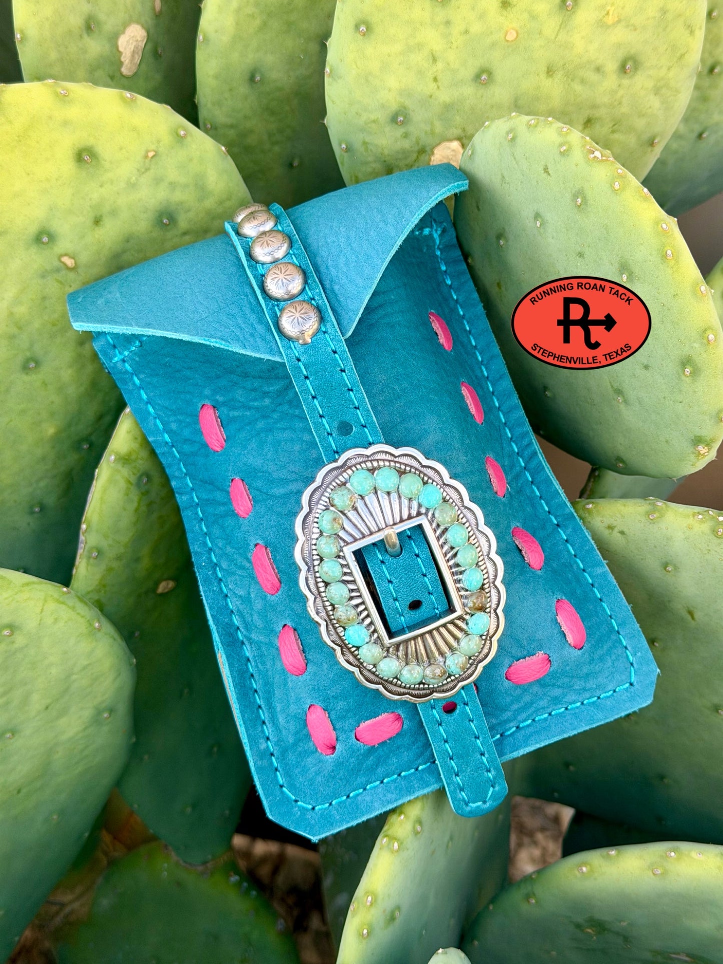 Turquoise Leather Mini Saddle Bag with Pink Pop Stitch and Turquoise Stone Buckle for Phone, Keys, Roping Powder, etc Minibag09072026-23