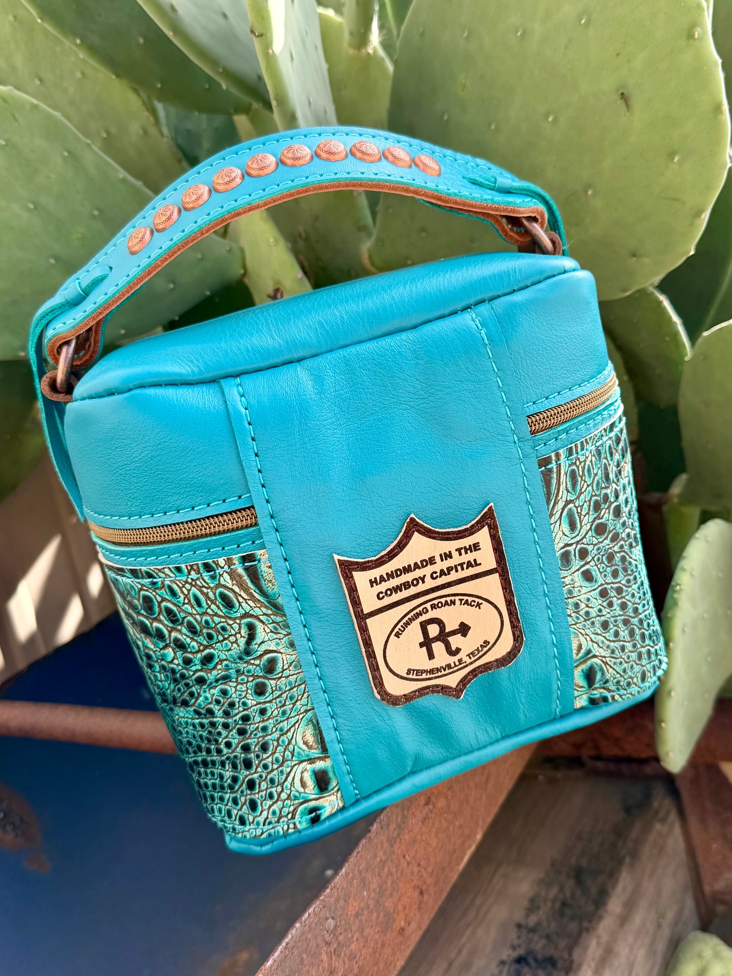 Turquoise Leather with Turquoise Croc Train Case for Makeup, Toiletries, etc traincase07062026-24