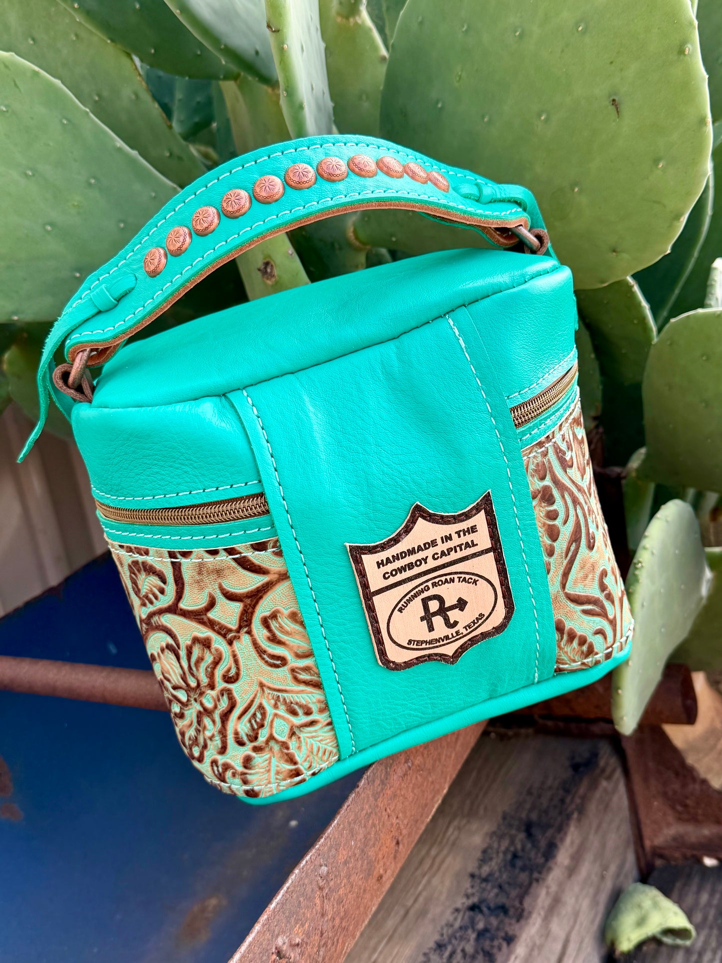 Mint Leather with Mint Floral Train Case for Makeup, Toiletries, etc traincase07062026-20