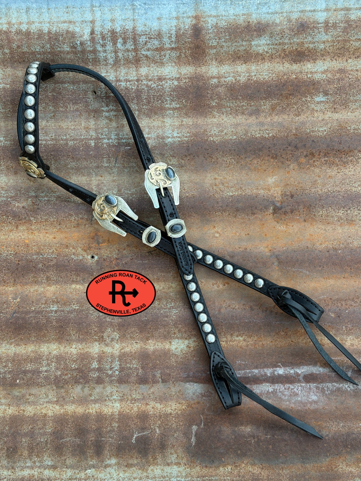 Black Headstall with Quick Change Pineapple Knots and German Silver and Onyx Hardware 36”-43” Headstall10052026-01