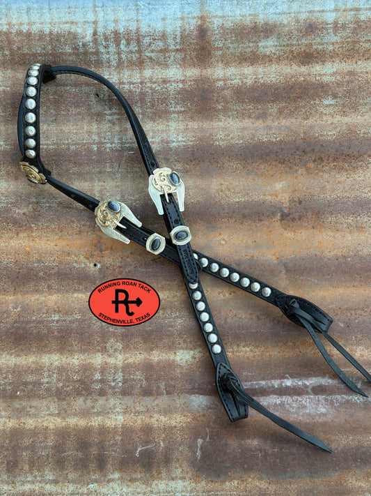 Black Headstall with Quick Change Pineapple Knots and German Silver and Onyx Hardware 36”-43” Headstall10052026-01