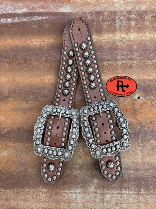 Brown Studded Belt Style Spur Straps with Antique Silver Buckles spurstraps08032026-25