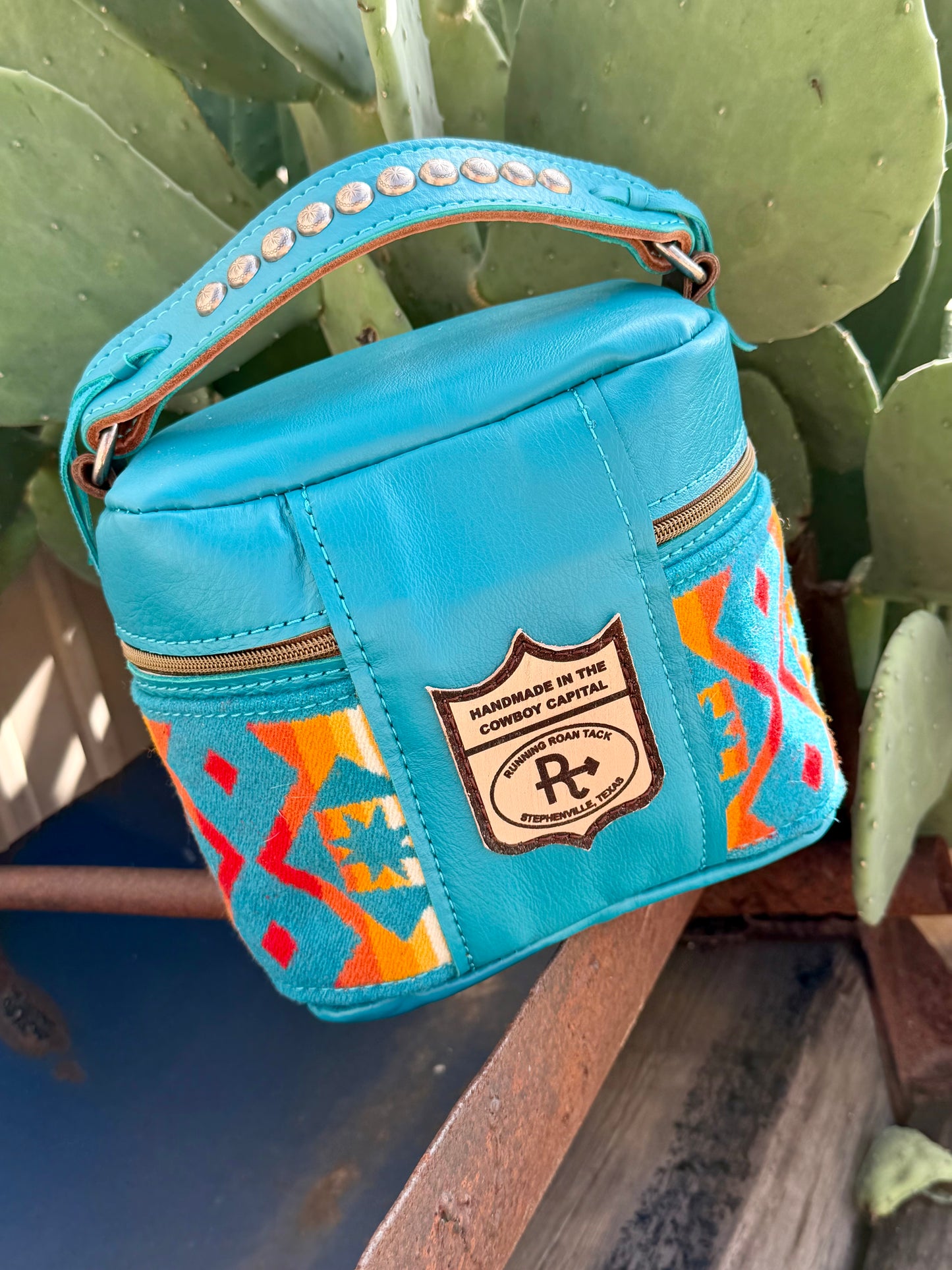 Turquoise Leather with Condensed Turquoise Wool Train Case for Makeup, Toiletries, etc traincase07062026-22