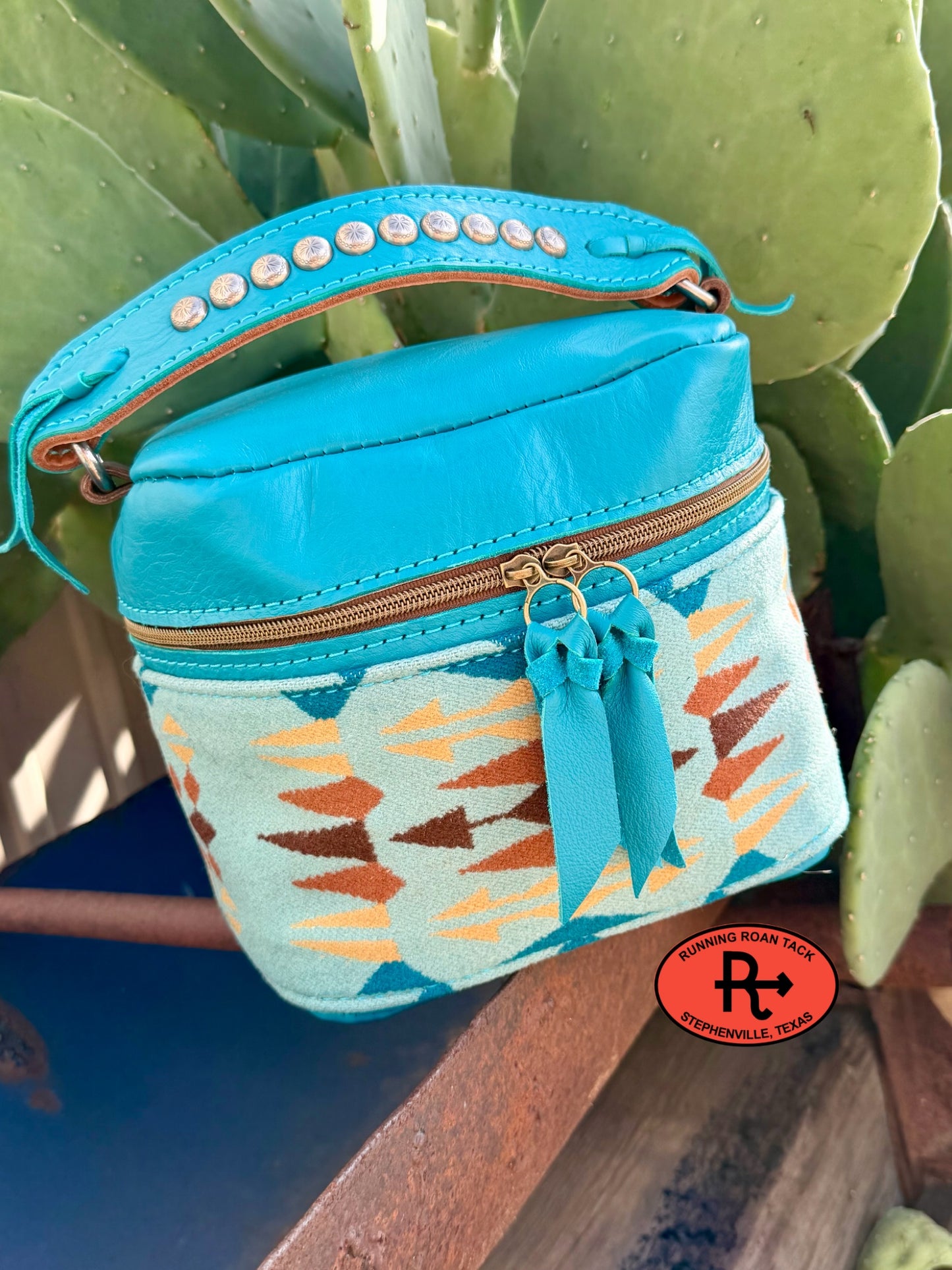 Turquoise Leather with Rancho Arroyo Aqua Wool Train Case for Makeup, Toiletries, etc traincase07062026-21