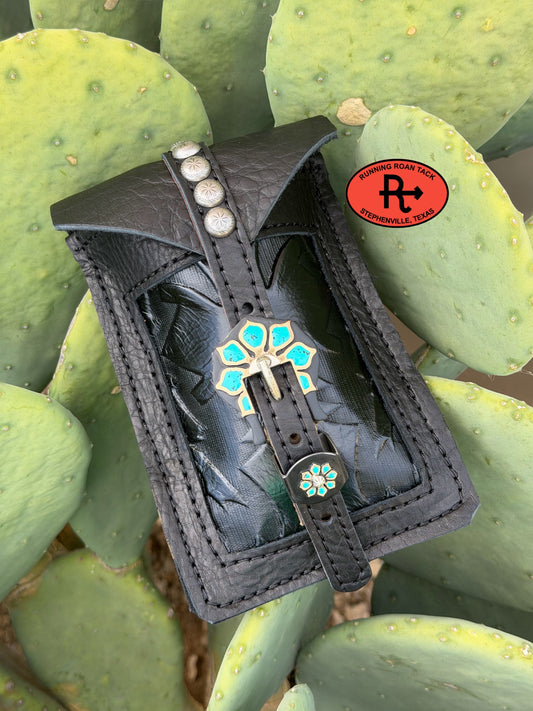 Black Leather Mini Saddle Bag with Black Boot Stitch Inlay and German Silver Buckle for Phone, Keys, Roping Powder, etc Minibag09072026-05