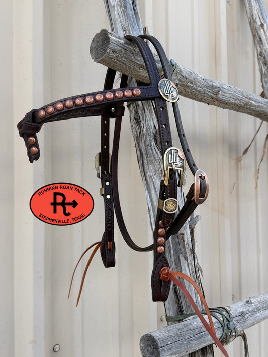 Chocolate Short Cheek Futurity Knot Headstall with Quick Change Pineapple Knots and German Silver Cactus Hardware 29”-37” Headstall09072026-16