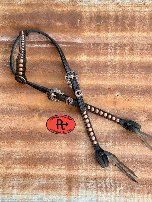 Black Single Ear Headstall with Quick Change Pineapple Knots and Black Cabochon Hardware 36”-43” Headstall10052026-20