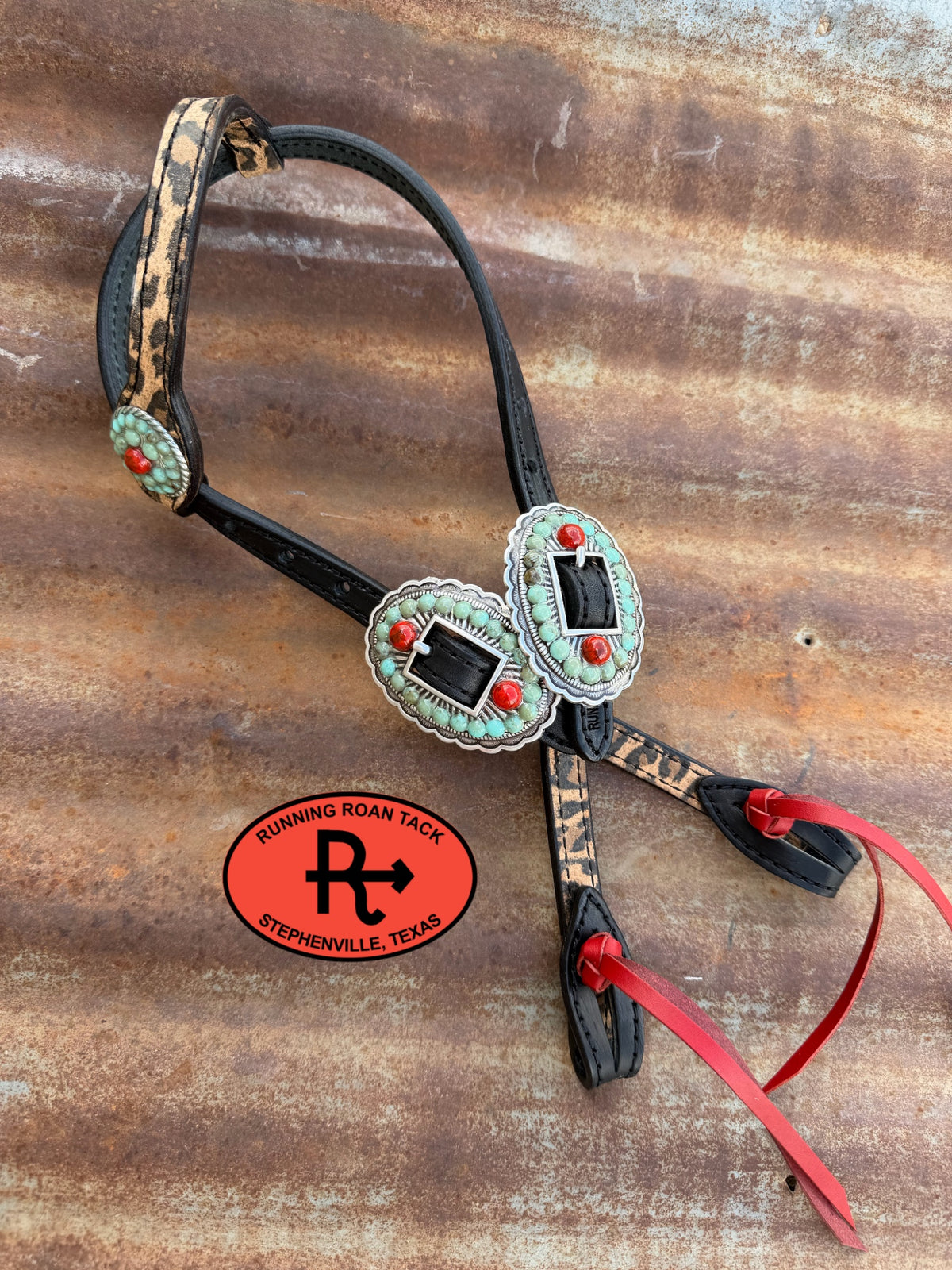 Black Leopard Short Cheek Headstall with Quick Change Pineapple Knots and Turquoose and Coral Hardware 29”-37” Headstall09072026-04