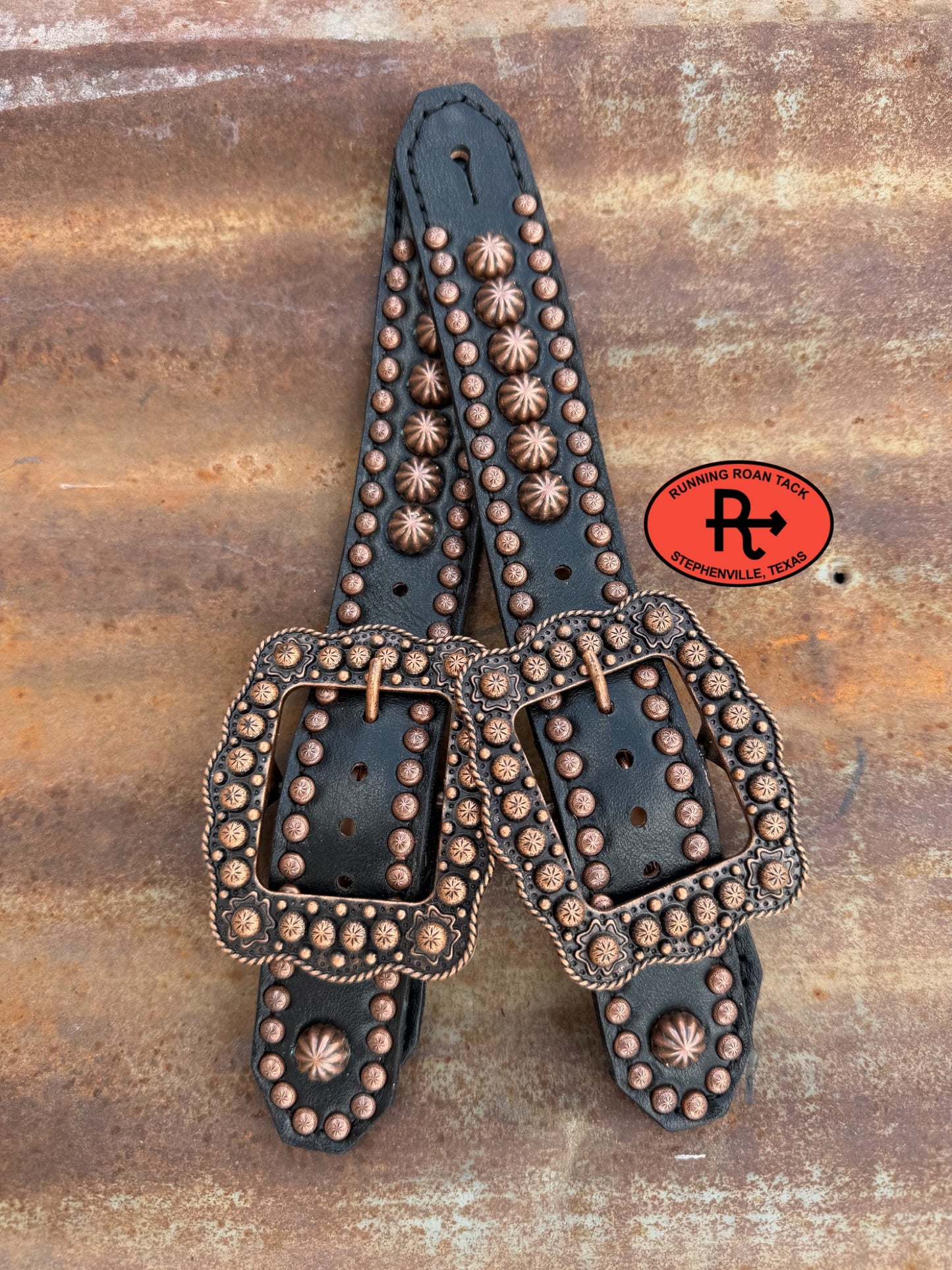 Black Studded Belt Style Spur Straps with Copper Buckles spurstraps08032026-23