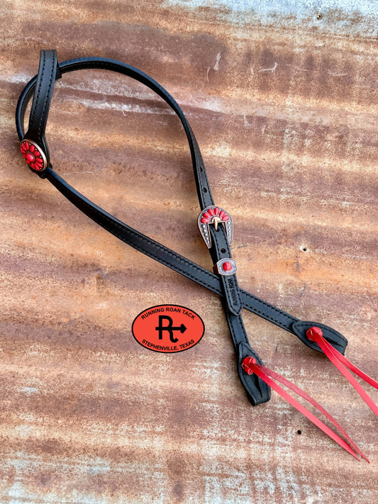 Black Single Ear Single Buckle Headstall with Red Quick Change Pineapple Knots and Red Cabochon Hardware 38”-43” Headstall10052026-24