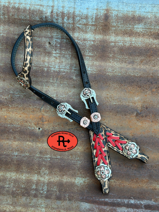 Black Leopard Short Cheek Headstall with Red Lacing and German Silver Hardware 29”-37” Headstall10052026-06