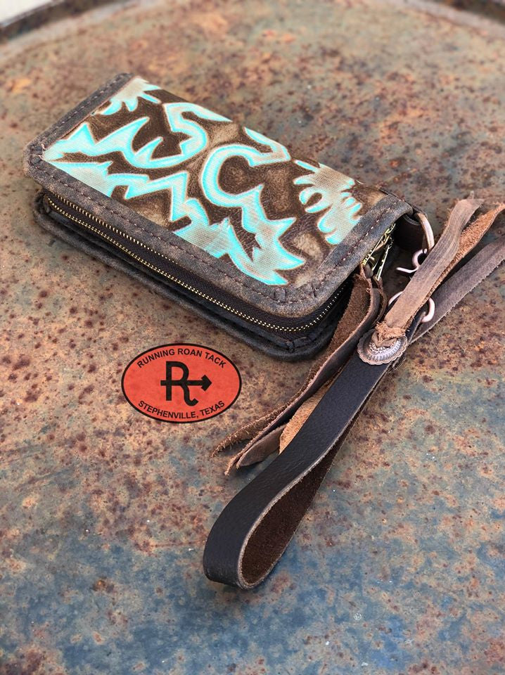 "The Pecos" Double Zip Wallet Wristlet Organizer Clutch in Turquoise Laredo