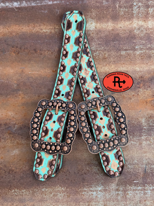 Turquoise Aztec Belt Style Spur Straps with Copper Buckles spurstraps08032026-19