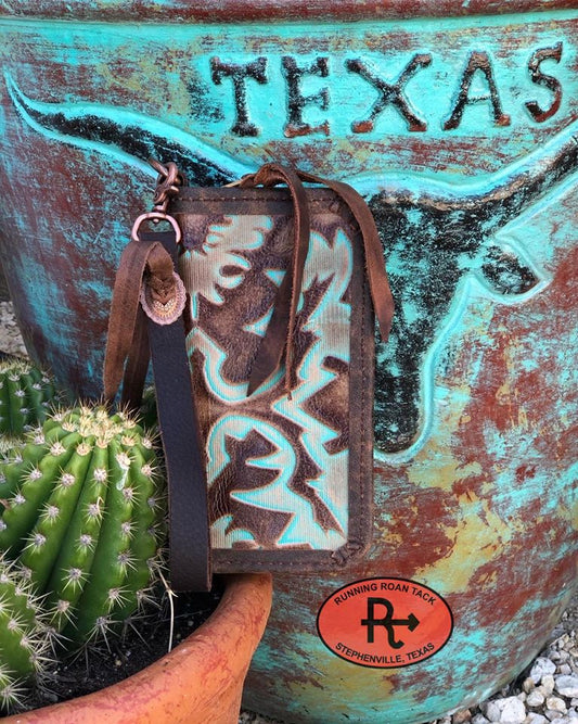 "The Pecos" Double Zip Wallet Wristlet Organizer Clutch in Turquoise Laredo