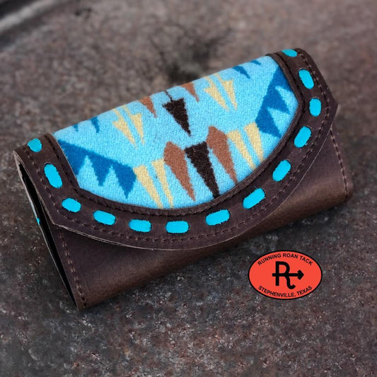 "Rancho Arroyo Aqua" Inlaid Wool Trifold Wallet with Pop Stitch