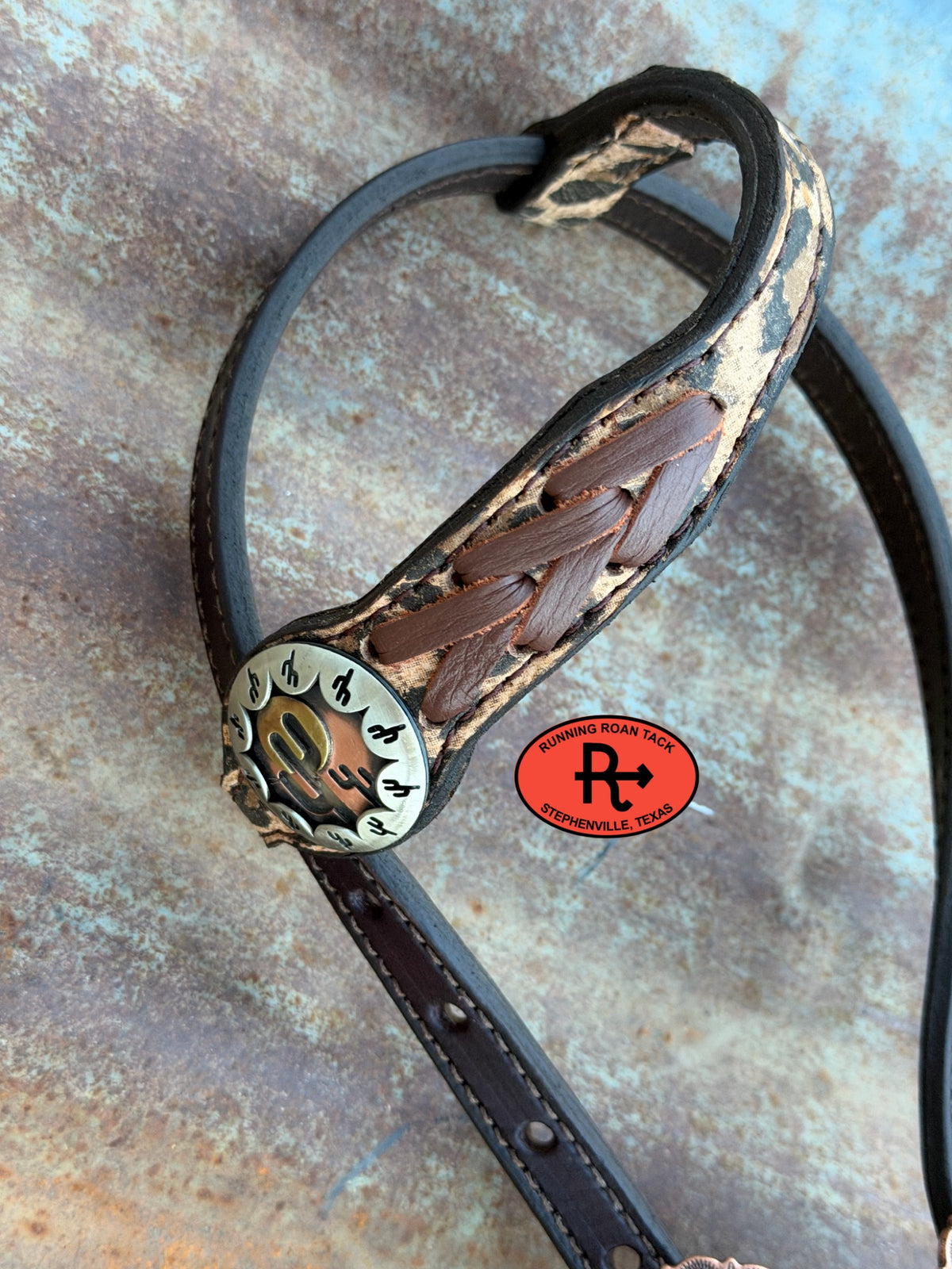 Chocolate Leopard Short Cheek Headstall with Chestnut Lacing and German Silver Cactus Concho 29”-37” Headstall10052026-10
