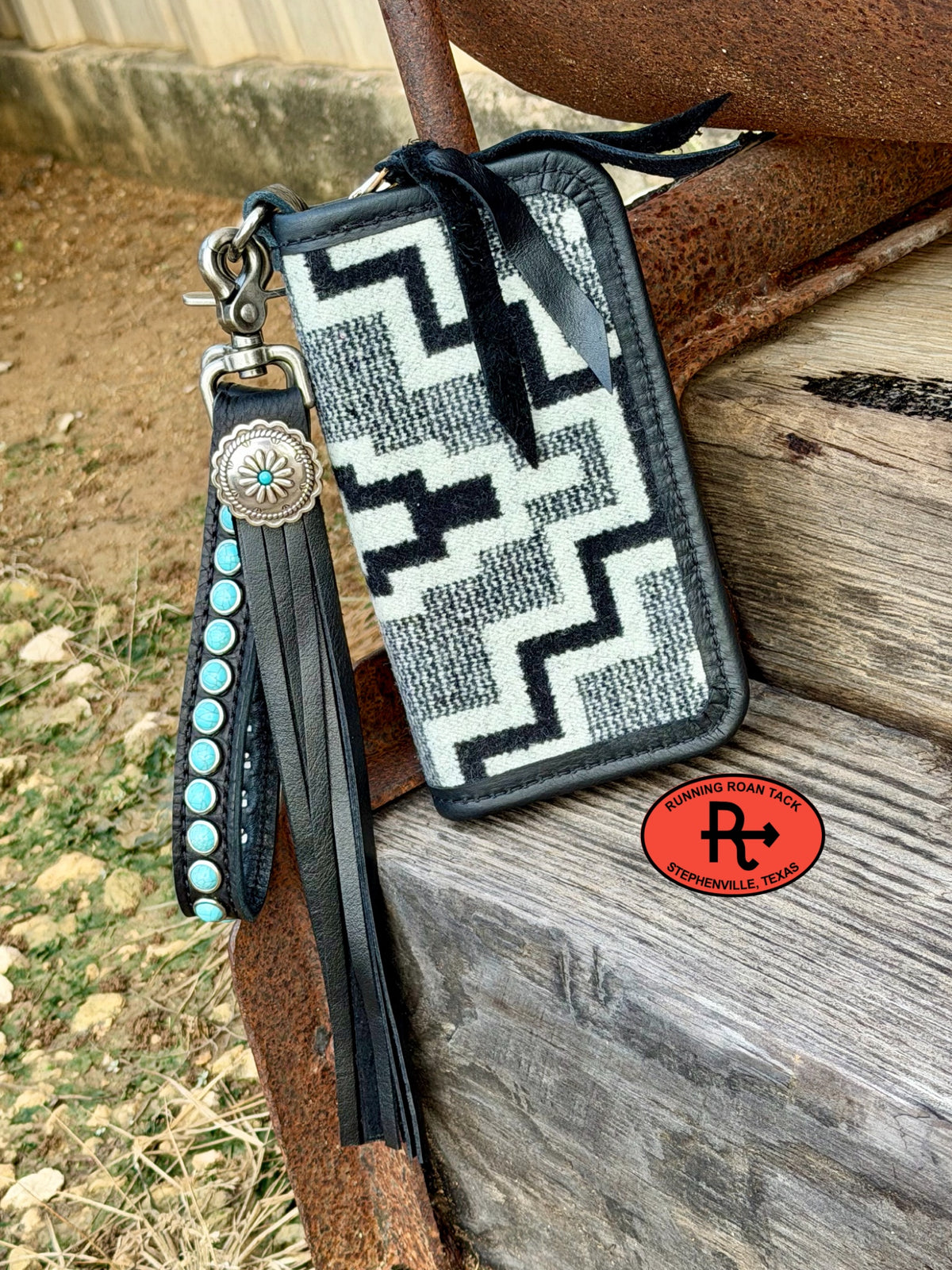"The Pecos" Black Leather Double Zip Wallet Wristlet Organizer Clutch with Genuine Wool, Wristlet Strap and Tassel Pecos10052026-03