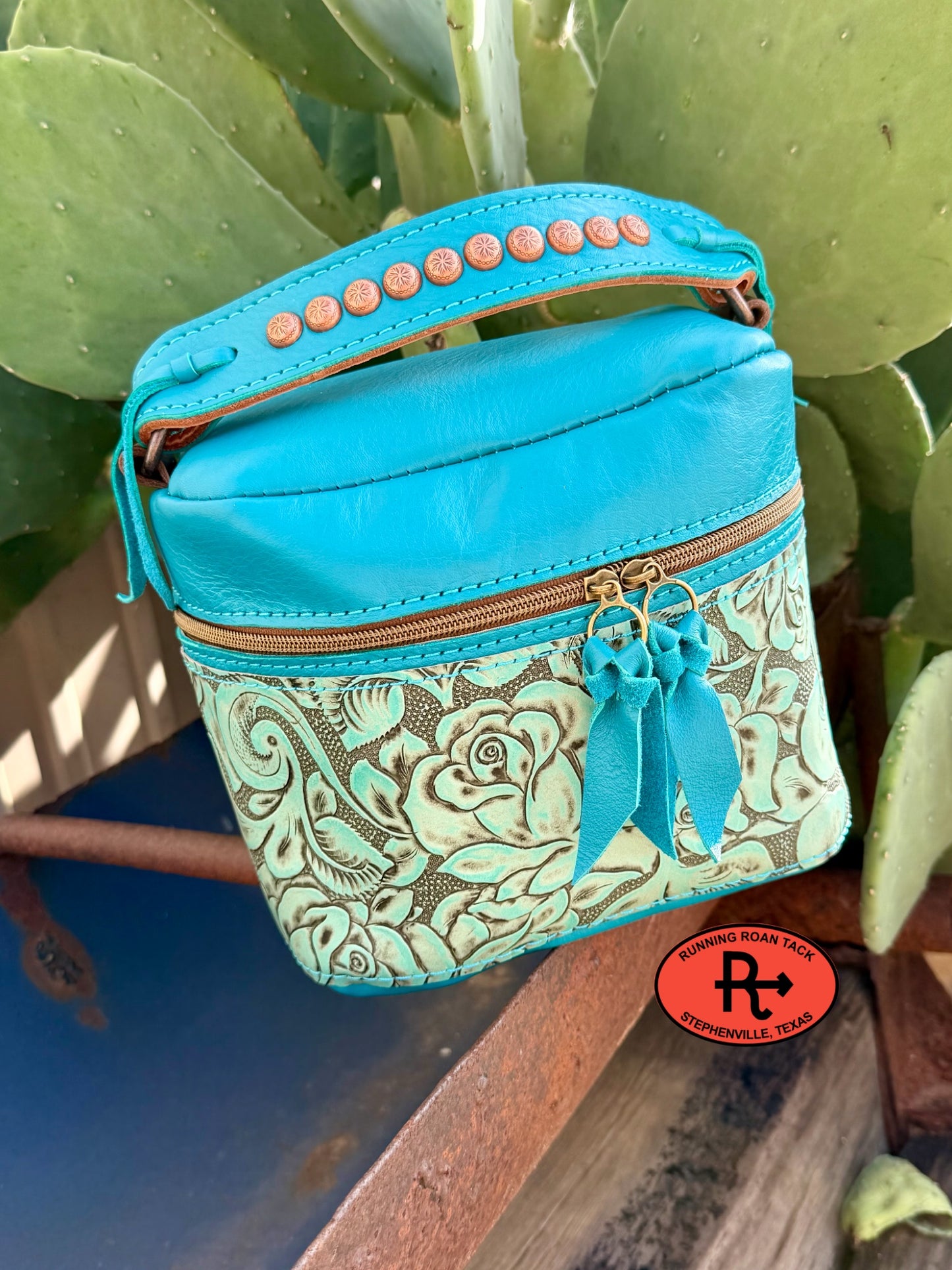 Turquoise Leather with Sky Blue Roses Train Case for Makeup, Toiletries, etc traincase07062026-23