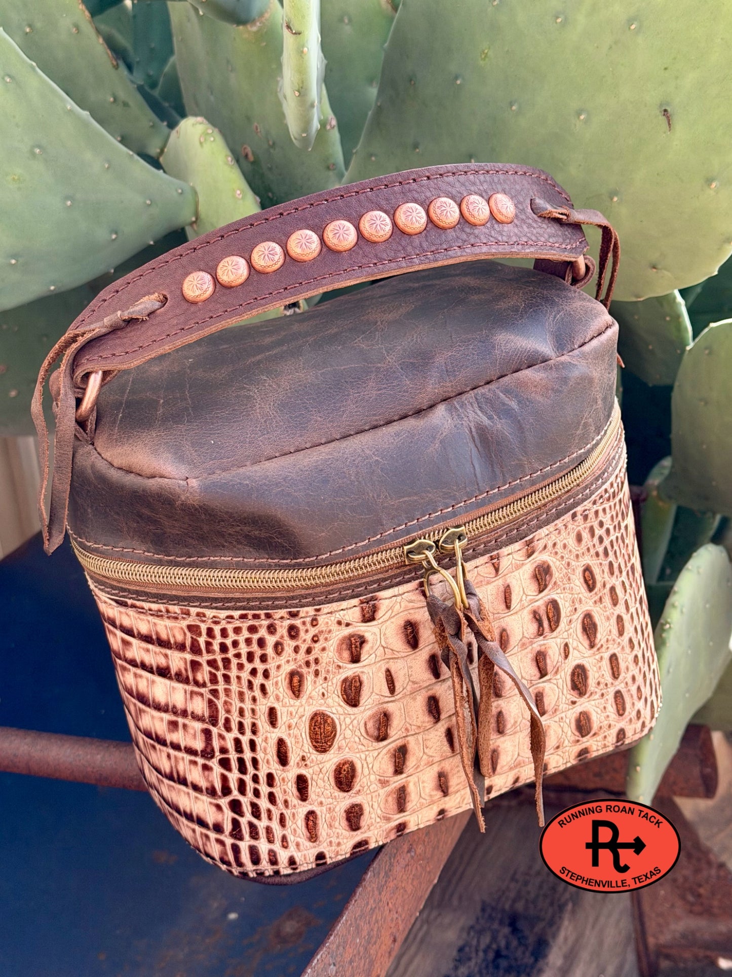 Train Case in Brown Leather with Sand Croc for Makeup, Toiletries, etc traincase07062026-02