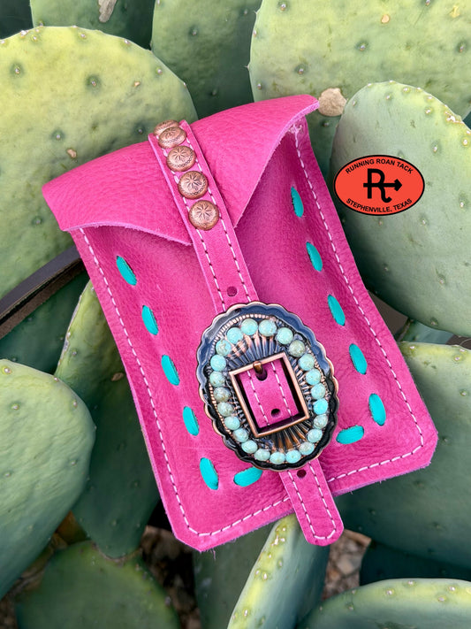 Pink Leather Mini Saddle Bag with Mint Pop Stitch and Turquoise Stone Buckle for Phone, Keys, Roping Powder, etc Minibag09072026-11