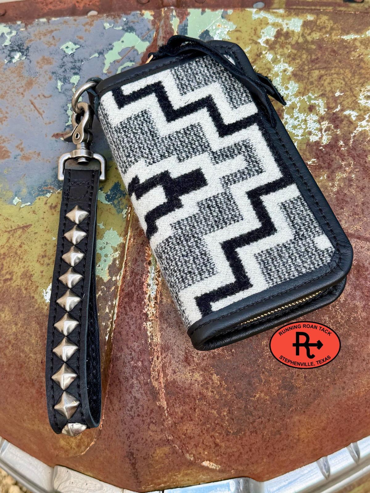 "The Pecos" Black Leather Double Zip Wallet Wristlet Organizer Clutch with Genuine Wool Pecos10052026-06