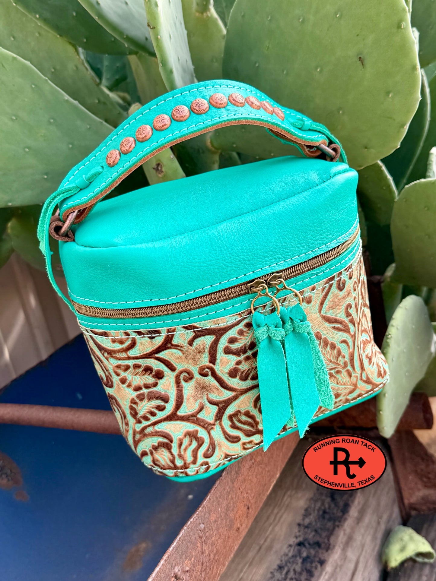 Mint Leather with Mint Floral Train Case for Makeup, Toiletries, etc traincase07062026-20