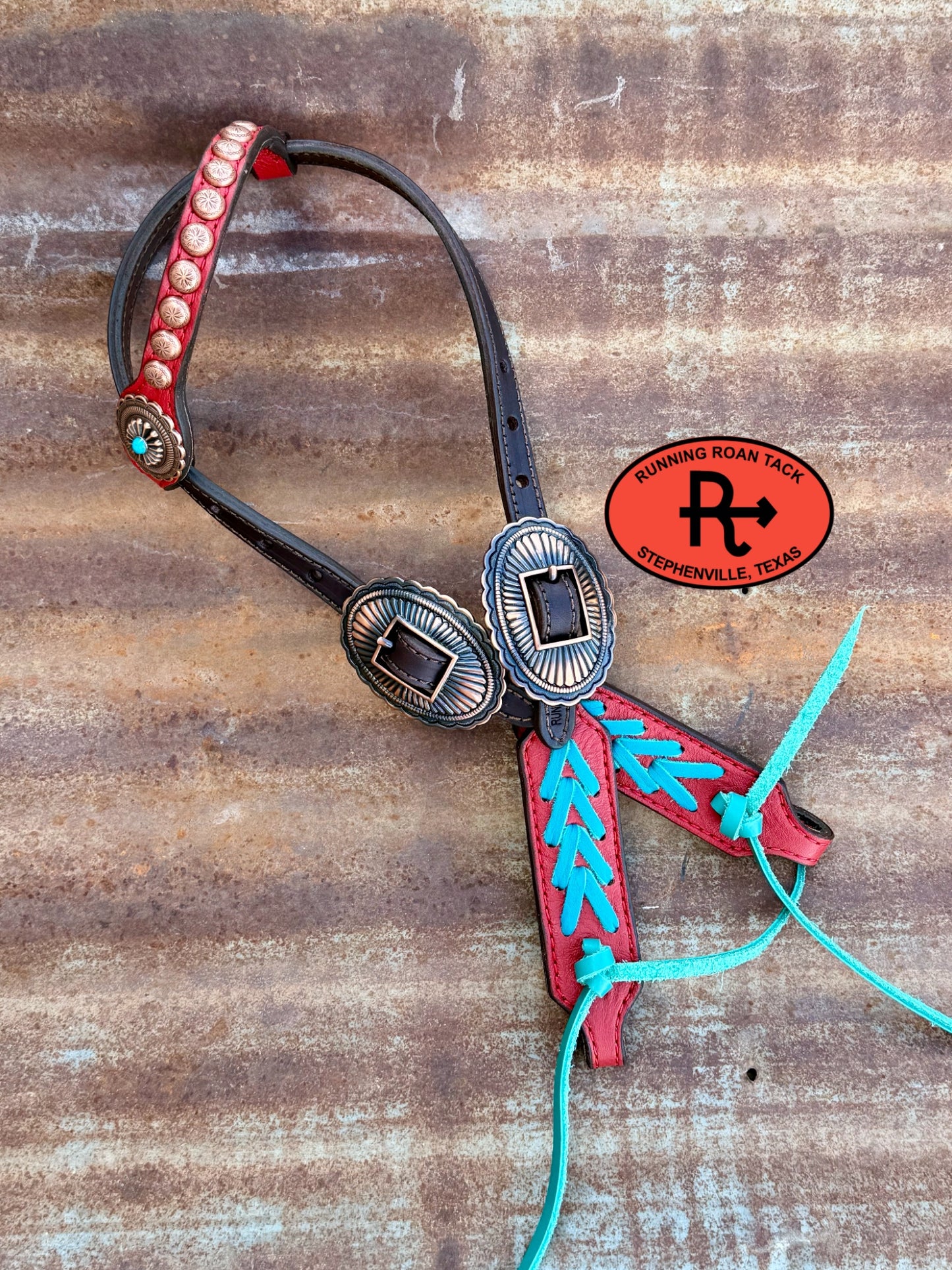 Red Tack Set with Turquoise Lacing and Southwest Hardware *Buy one piece or both pieces* 
Set09072026-01
