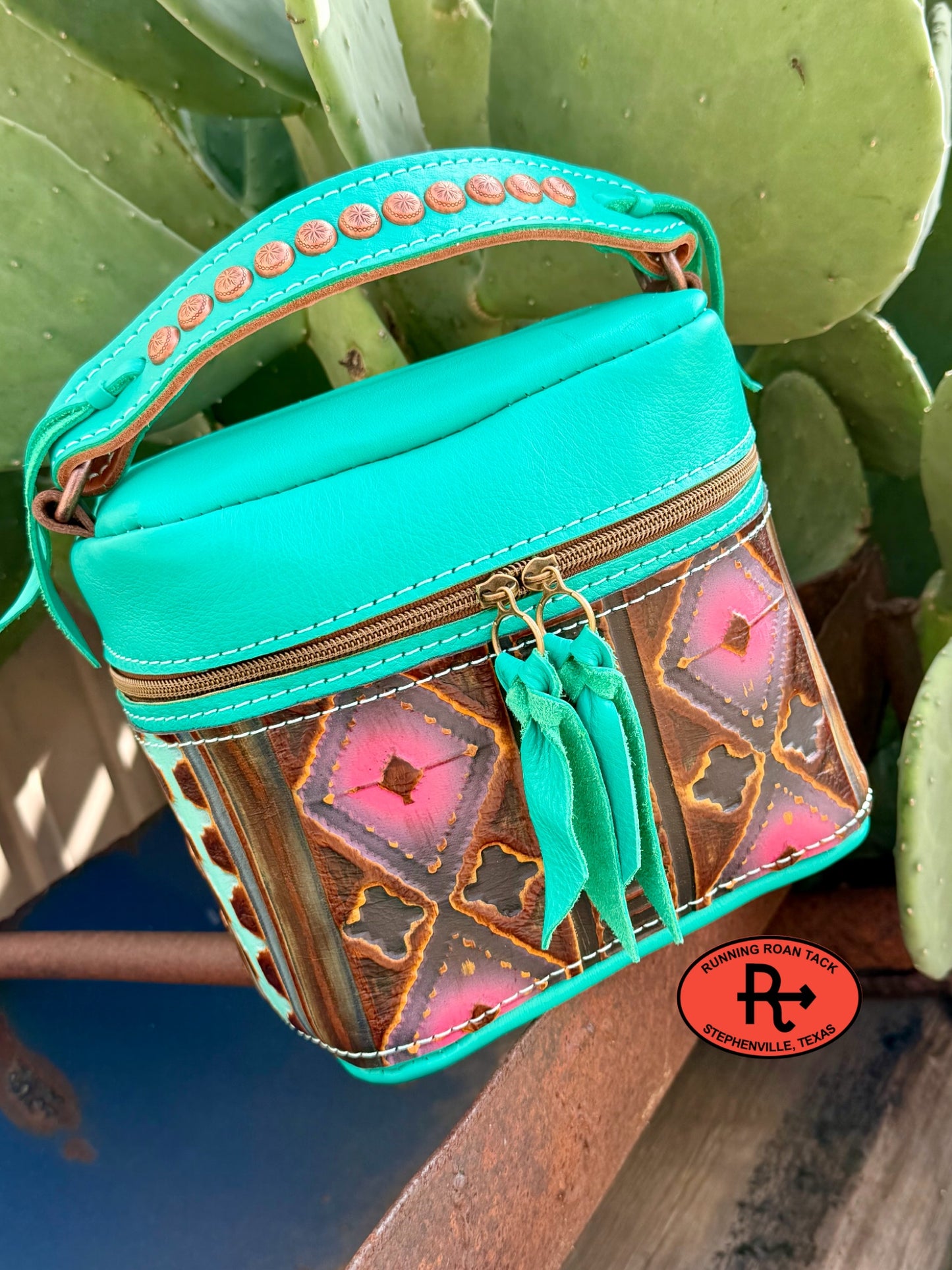 Mint Leather with Southwest Embossed Train Case for Makeup, Toiletries, etc traincase07062026-17