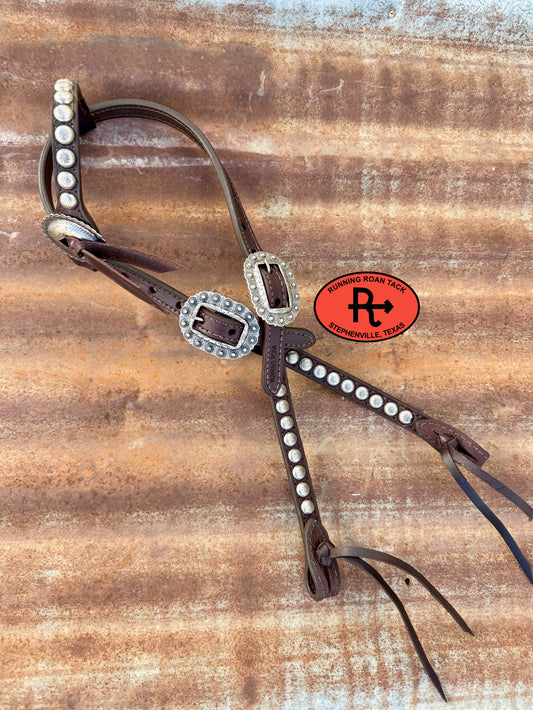 Chocolate Leather Headstall with Quick Change Pineapple Knots and Slotted Concho 36"-43" Headstall08032026-01