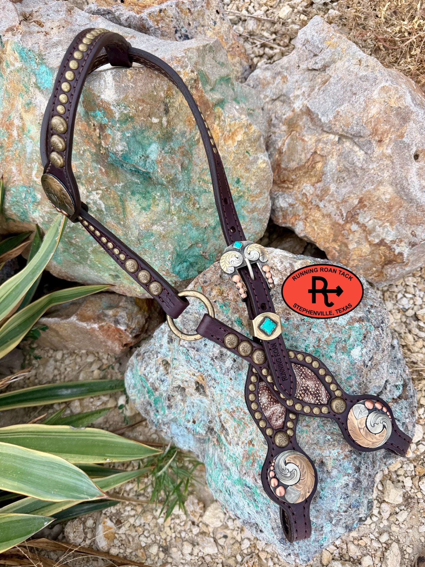 Single Ear Ring Headstall with Snake Inlay and Feather Hardware 35"-39" Headstall07062026-07