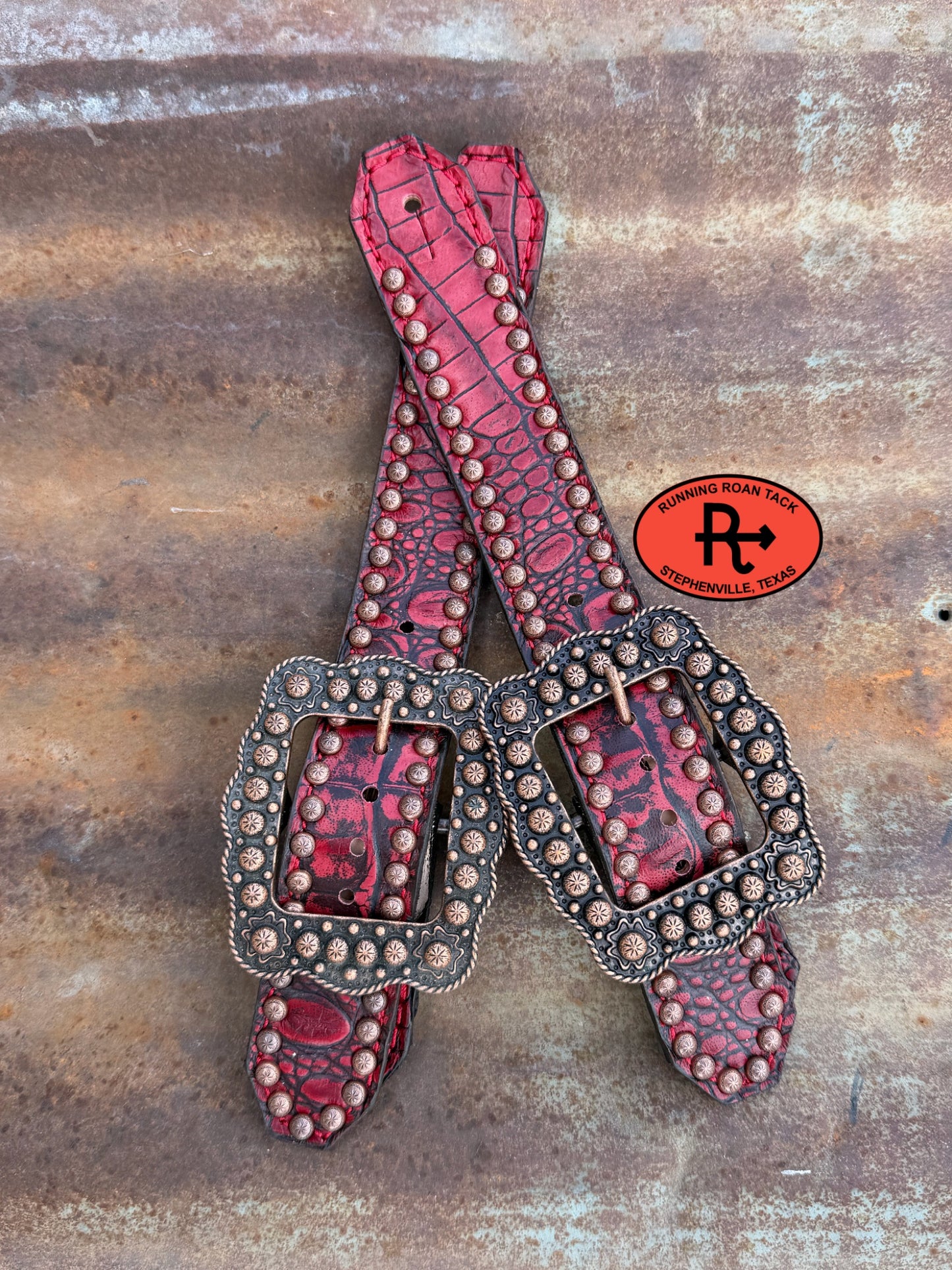 Red Croc Belt Style Spur Straps with Copper Buckles spurstraps08032026-16