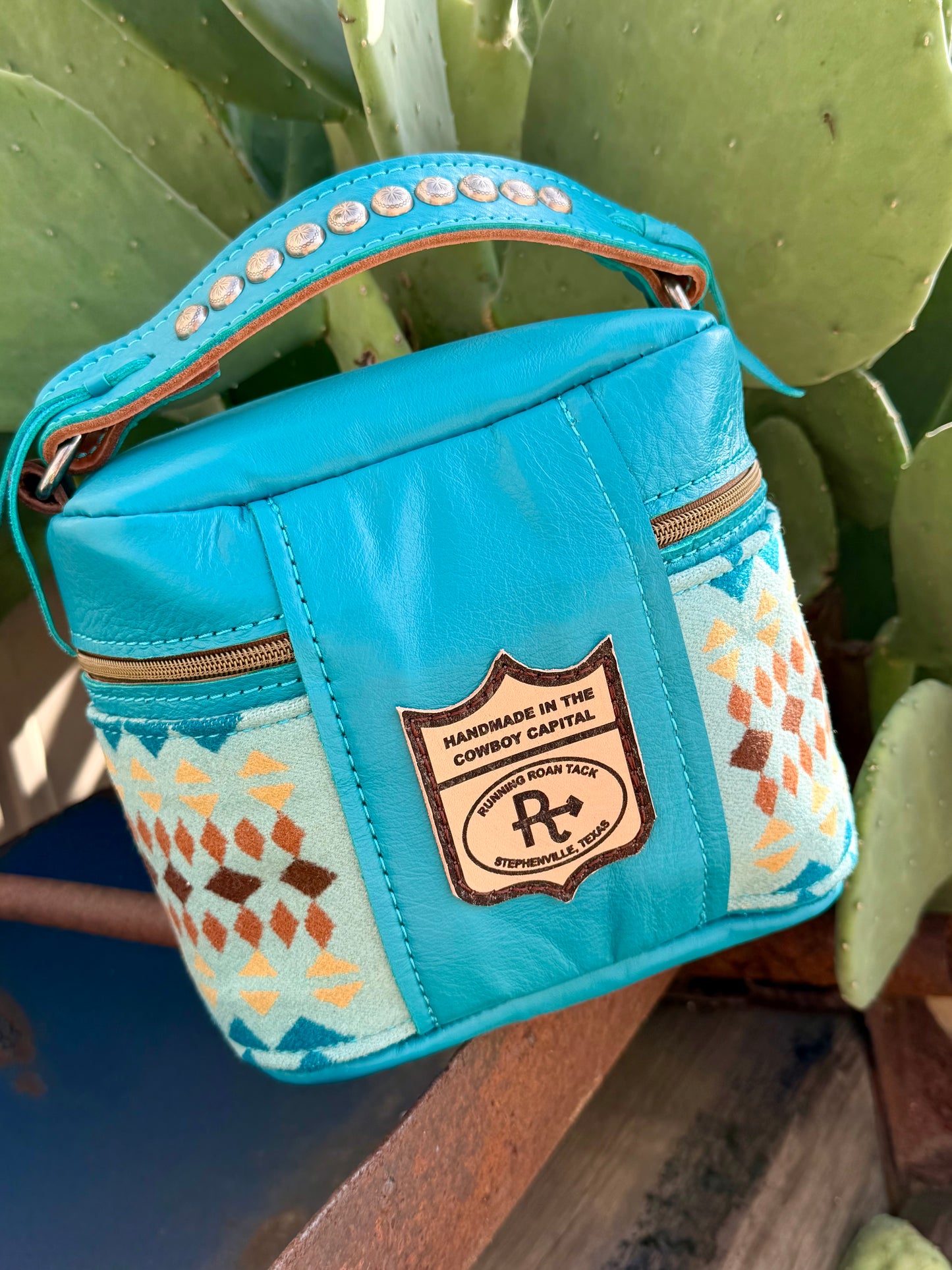 Turquoise Leather with Rancho Arroyo Aqua Wool Train Case for Makeup, Toiletries, etc traincase07062026-21