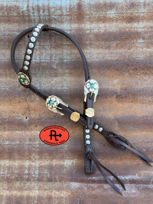 Chocolate Short Cheek Headstall with Quick Change Pineapple Knots and German Silver Flower Hardware 29”-37” Headstall10052026-03