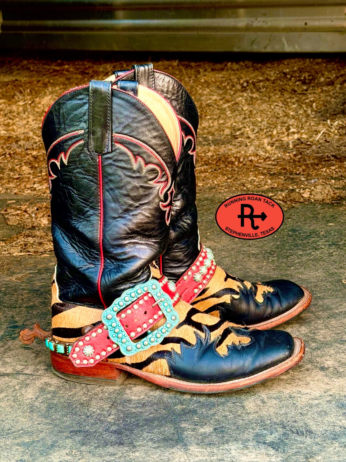 Red Studded Belt Style Spur Straps with Copper Patina Buckles spurstraps08032026-21