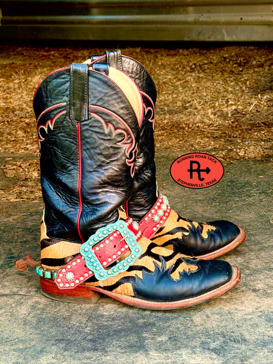 Red Studded Belt Style Spur Straps with Copper Patina Buckles spurstraps08032026-21